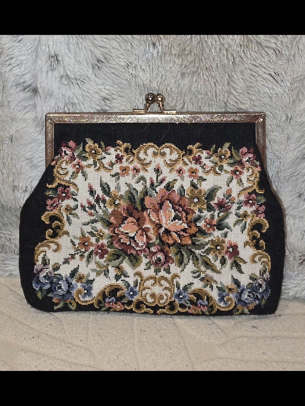 Vintage Floral Tapestry Clutch Handbag in Black and Multicolor